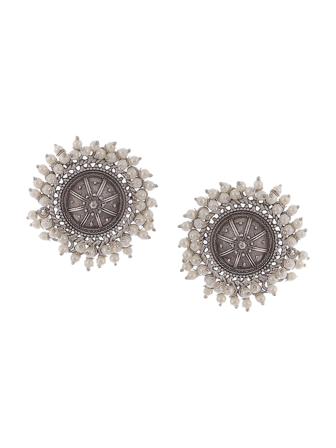 Biba Women Silver Plated Gunmetal-Toned Circular Studs Earrings, Metallic