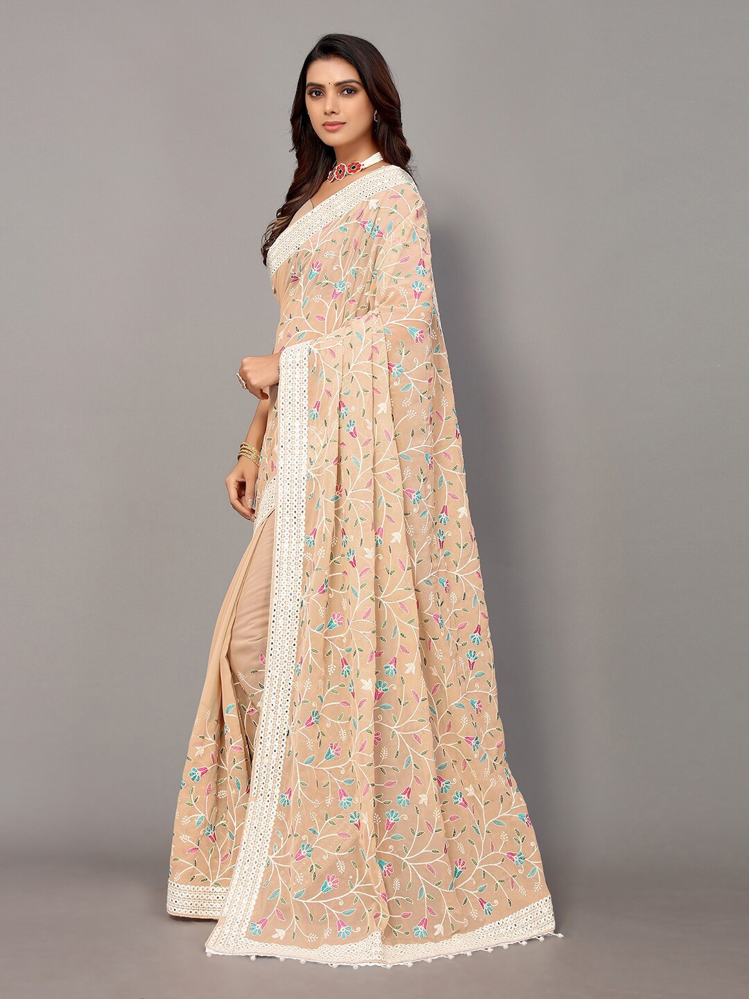 HRITIKA Cream-Coloured & White Floral Embroidered Pure Georgette Saree