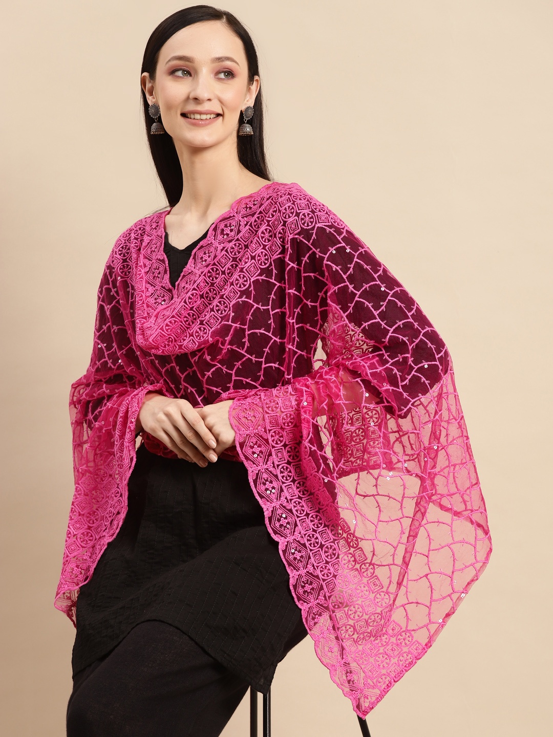 Saadgi Magenta & Silver-Coloured Ethnic Motifs Embroidered Chikankari Sequin Dupatta
Saadgi Magenta & Silver-Coloured Ethnic Motifs Embroidered Chikankari Sequin Dupatta