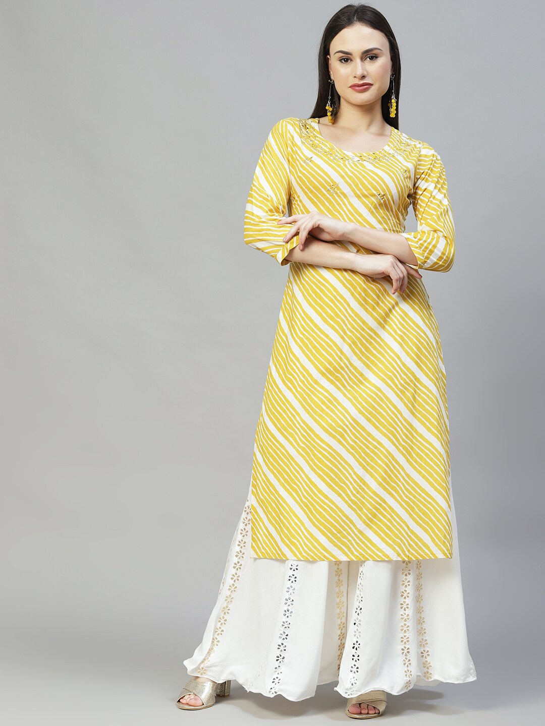 FASHOR Women Mustard Yellow Leheriya Printed Kurta