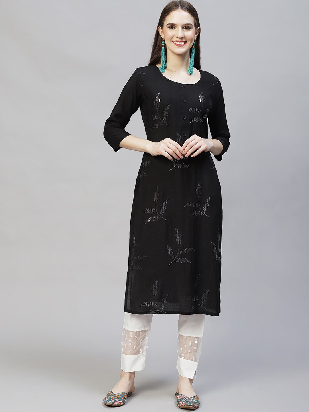 FASHOR Women Floral Embellished Chanderi Silk Kurta, Black
