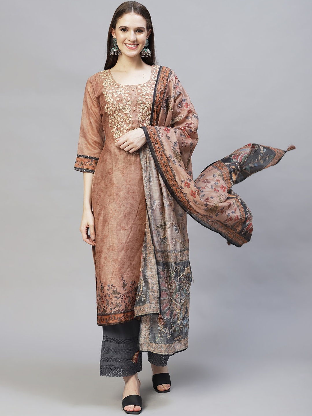FASHOR Women Camel Brown & Charcoal Embroidered Chanderi Silk Kurta with Dupatta