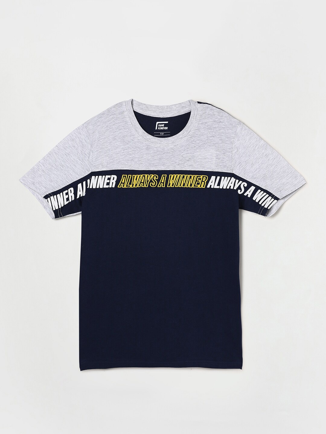 Fame Forever by Lifestyle Boys Grey Melange & Navy Blue Colourblocked Pure Cotton T-shirt
Fame Forever by Lifestyle Boys Grey Melange & Navy Blue Colourblocked Pure Cotton T-shirt