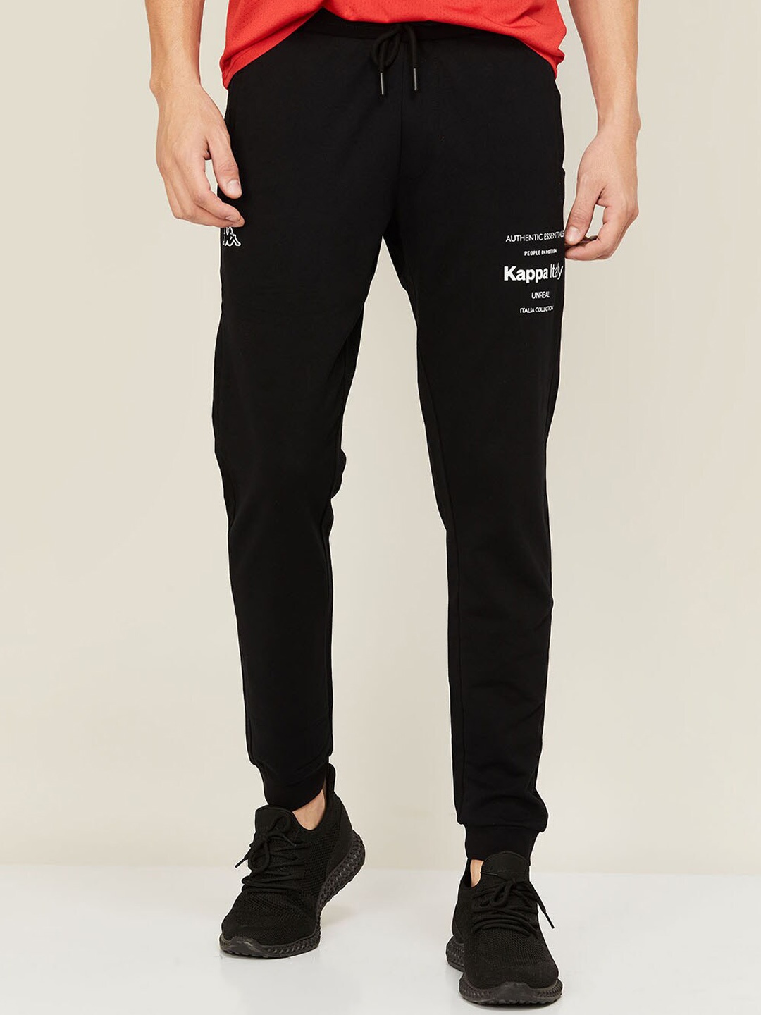 Kappa Men Black Typographic Cotton Slim-Fit Track Pants