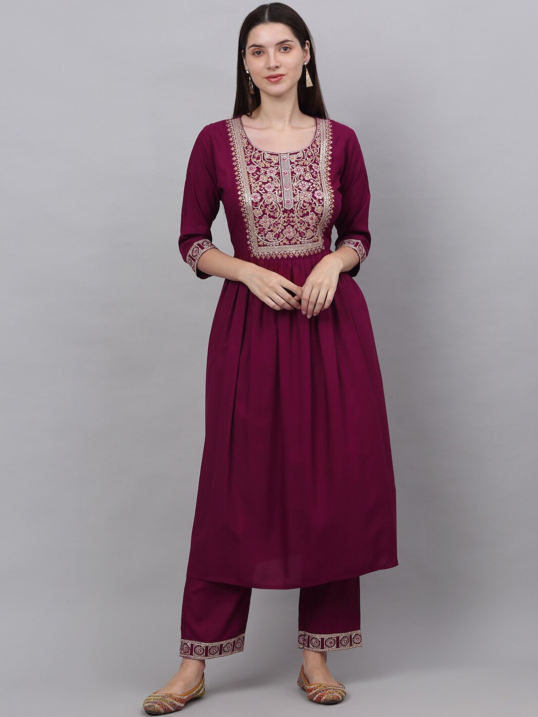 KALINI Women Burgundy Floral Yoke Design Thread Work Kurta with Palazzos & With Dupatta
KALINI Women Burgundy Floral Yoke Design Thread Work Kurta with Palazzos & With Dupatta