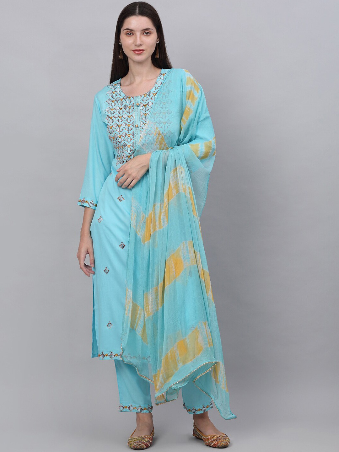 KALINI Women Turquoise Blue Floral Embroidered Panelled Sequinned Kurta with Trousers & With Dupatta
KALINI Women Turquoise Blue Floral Embroidered Panelled Sequinned Kurta with Trousers & With Dupatta