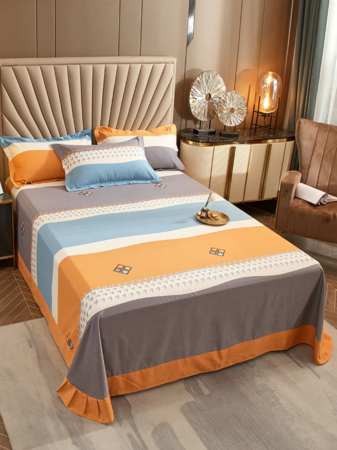 JC Collection Orange & Grey Striped King Bedsheet with 2 Pillow Covers