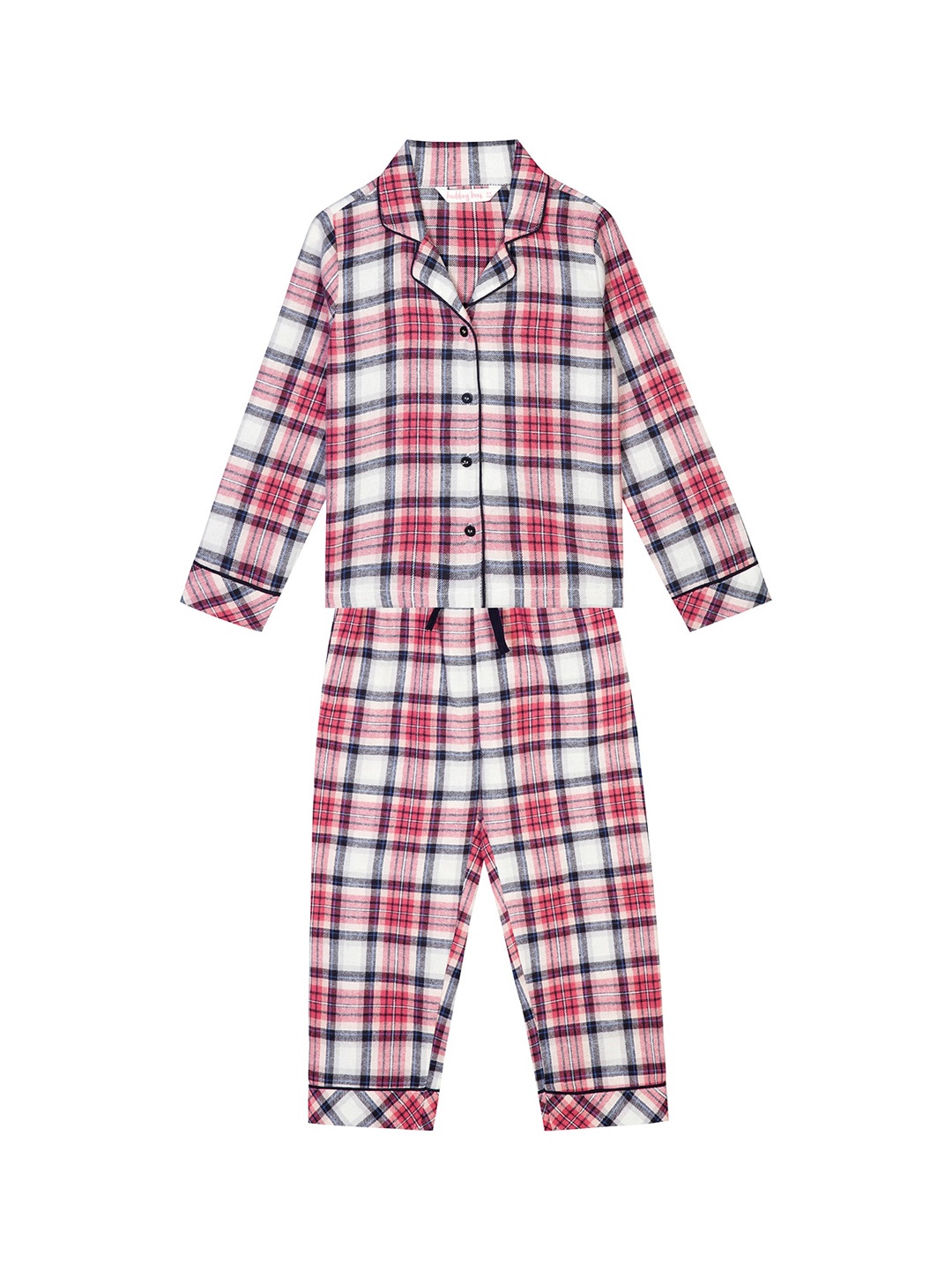 Budding Bees Girls Checked Printed Night suit, White