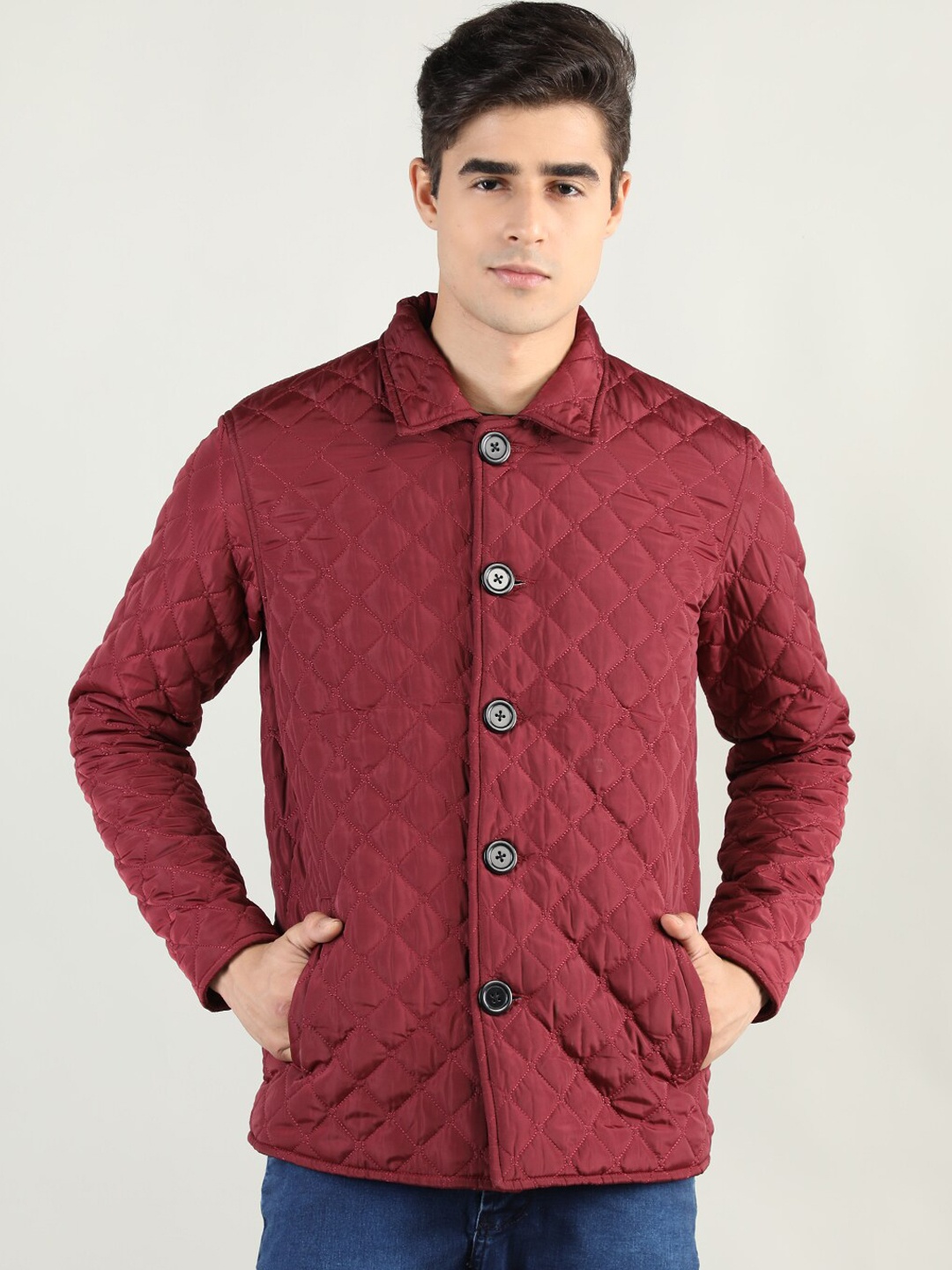 CHKOKKO Men Maroon Outdoor Open Front Jacket
