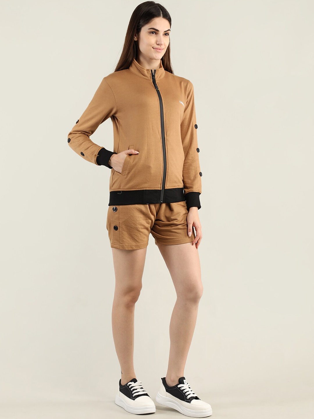 CHKOKKO Women Khaki Solid Regular Fit Co-Ords