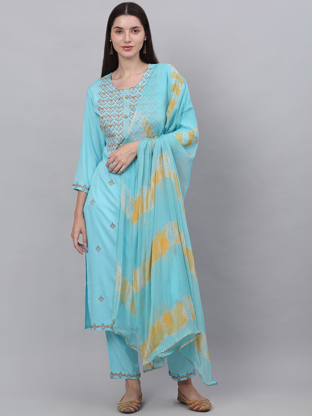 Assamica Women Floral Embroidered Panelled Kurta with Trousers & With Dupatta, Turquoise blue
Assamica Women Floral Embroidered Panelled Kurta with Trousers & With Dupatta, Turquoise blue