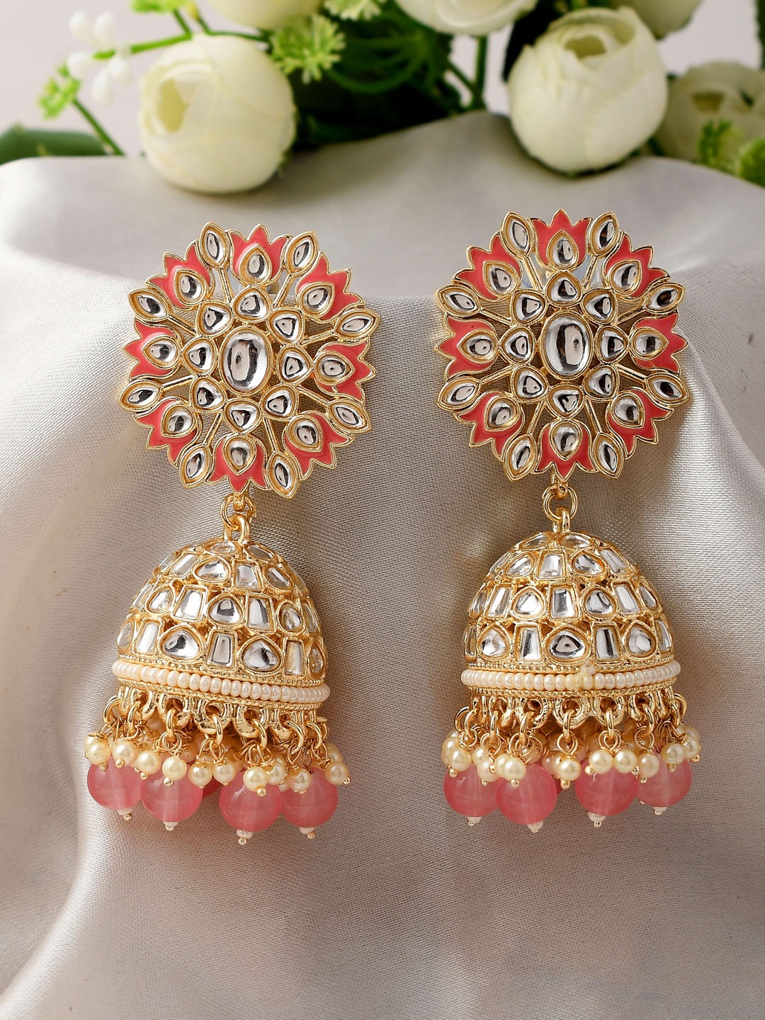 AQUASTREET JEWELS Gold Plated Dome Shaped Jhumkas Earrings, Pink