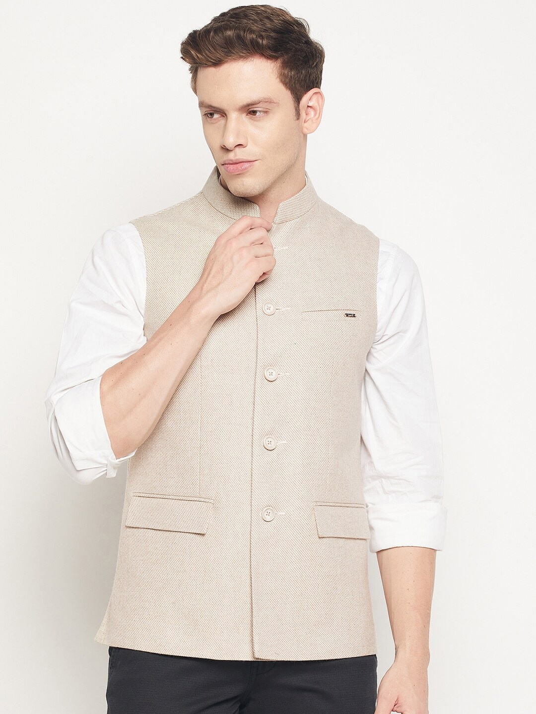 Spirit Men Camel Brown Self Design Pure Wool Nehru Jacket