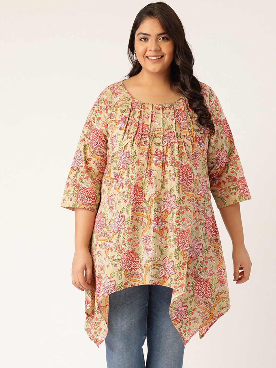 theRebelinme Plus Women Green & Beige Pure Cotton Floral Print High Low Longline Top
theRebelinme Plus Women Green & Beige Pure Cotton Floral Print High Low Longline Top