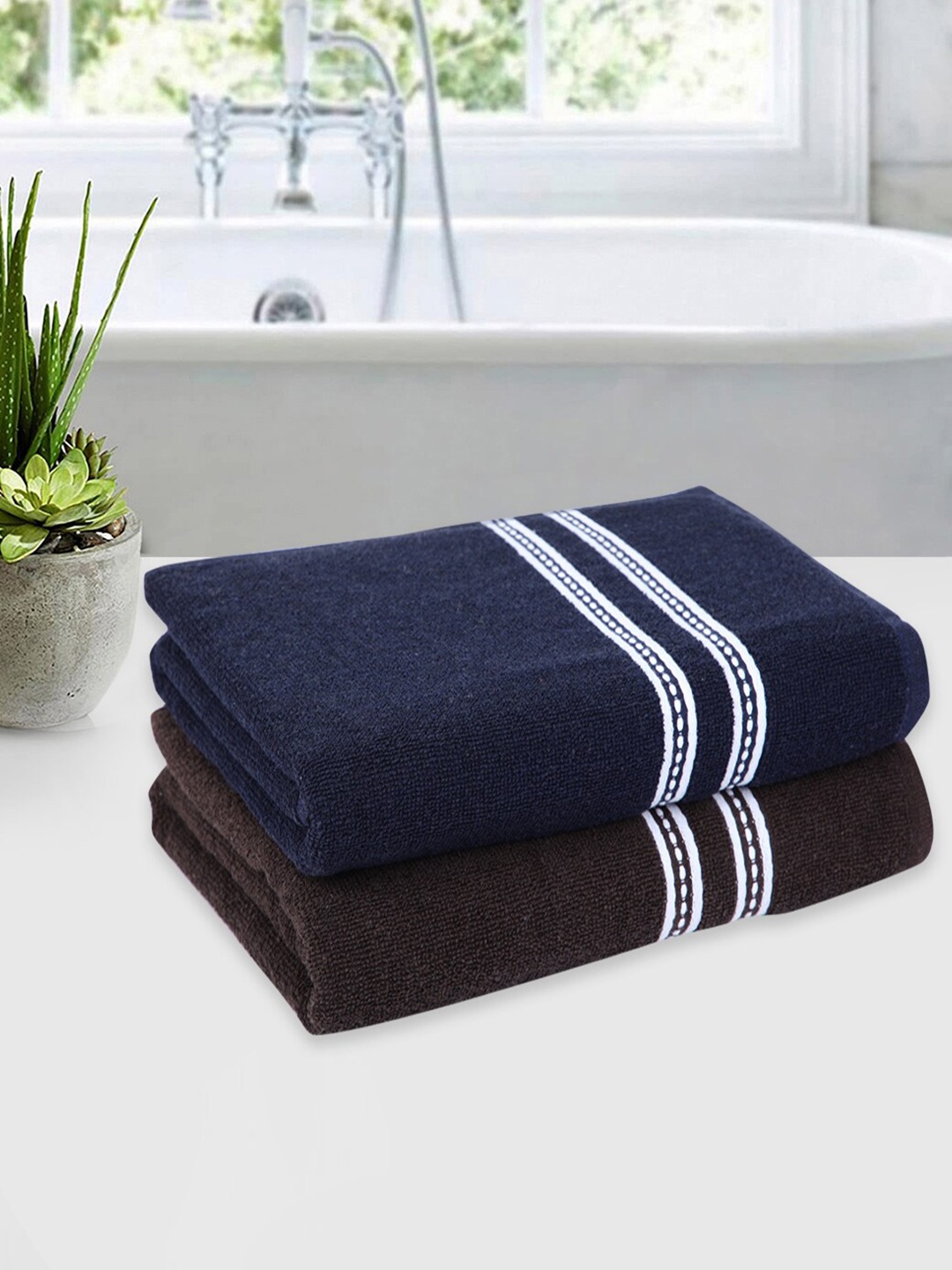ROMEE Pack Of 2 Brown & Dark Blue Solid 500 GSM Cotton Bath Towels, Coffee brown