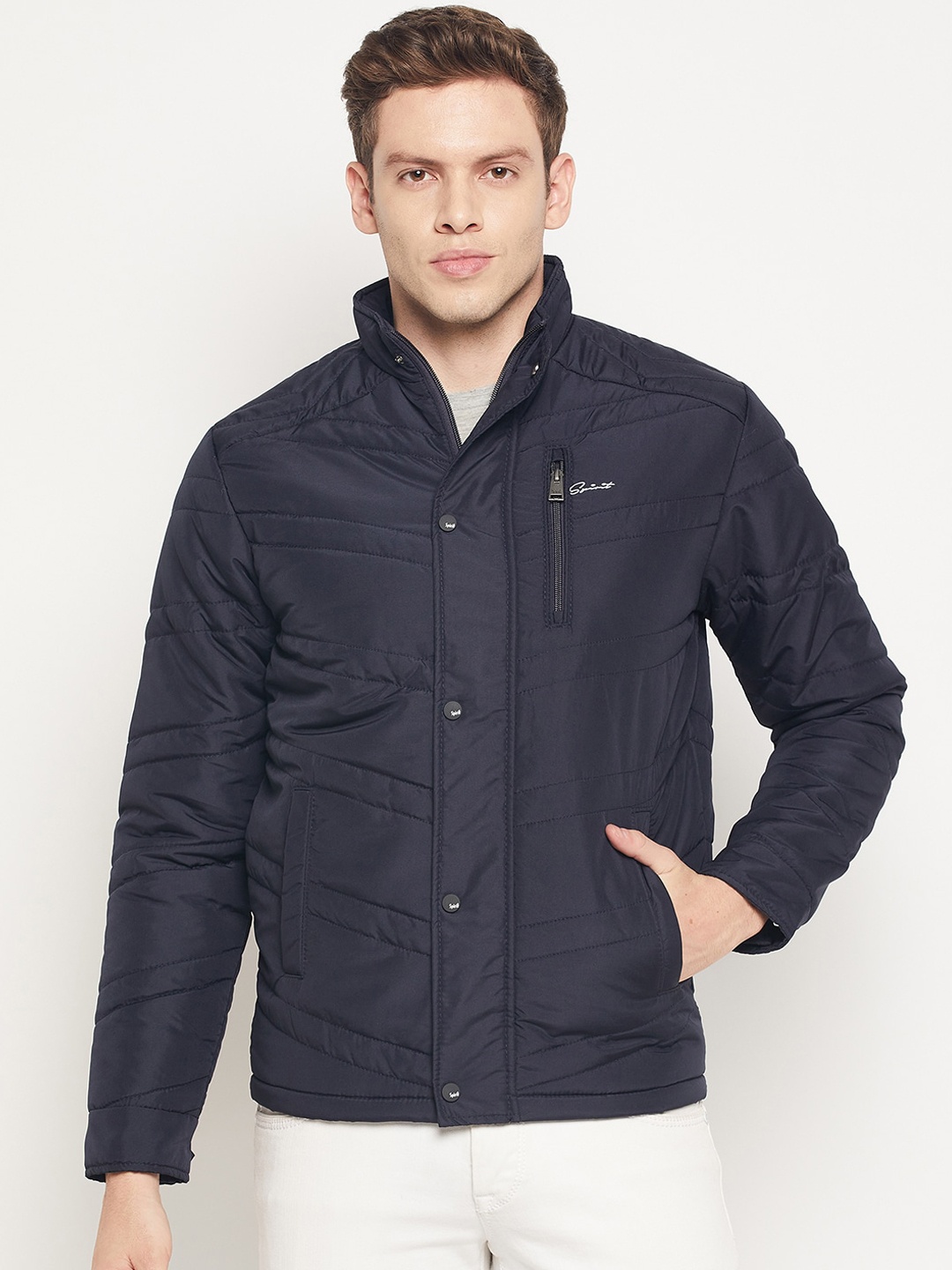 Spirit Men Navy Blue Solid Stand Collar Windcheater and Water Resistant Puffer Jacket
Spirit Men Navy Blue Solid Stand Collar Windcheater and Water Resistant Puffer Jacket