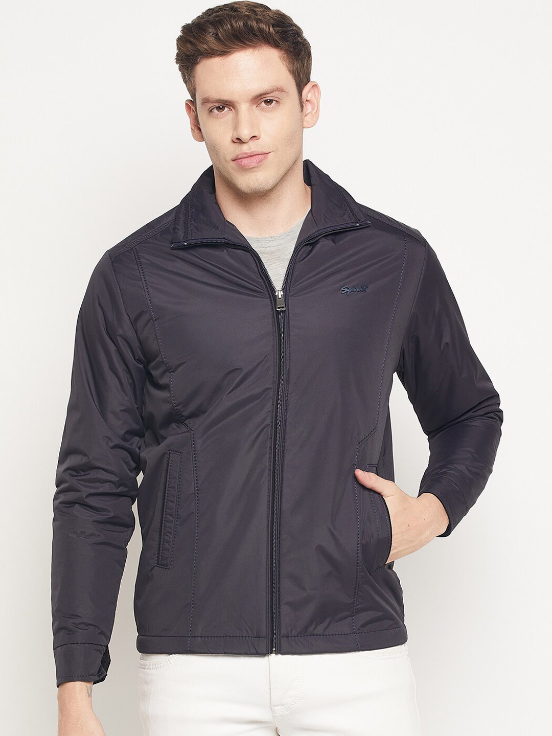 Spirit Men Navy Blue Solid Spread Collar Windcheater and Water Resistant Padded Jacket
Spirit Men Navy Blue Solid Spread Collar Windcheater and Water Resistant Padded Jacket