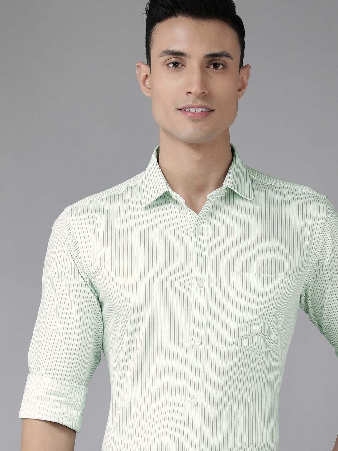 Park Avenue Men White & Green Slim Fit Striped Pure Cotton Formal Shirt