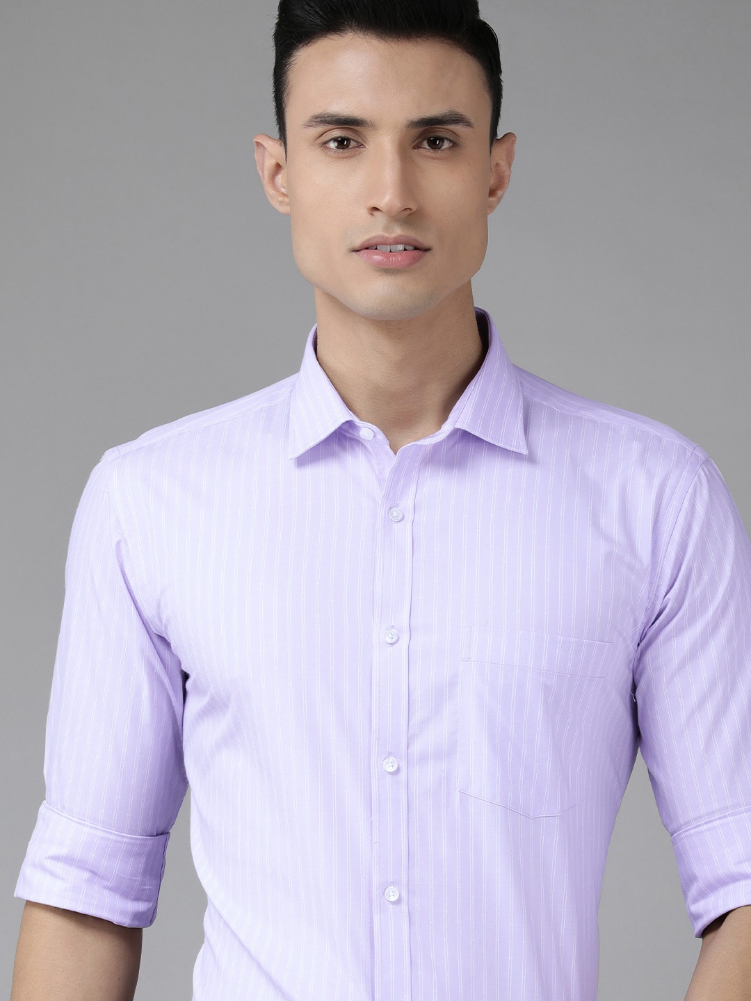 Park Avenue Men Lavender & White Slim Fit Striped Pure Cotton Formal Shirt