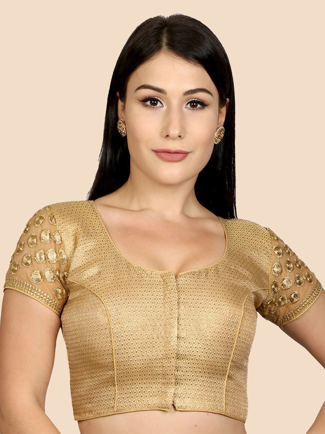 neckbook Golden Woven Design Saree Blouse, Gold