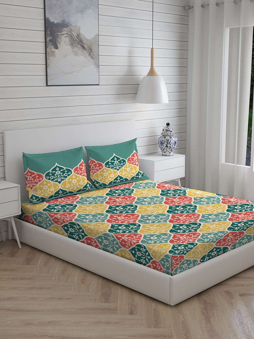 Layers Ethnic Motifs 110 TC Cotton Queen Bedsheet with 2 Pillow Covers, Yellow