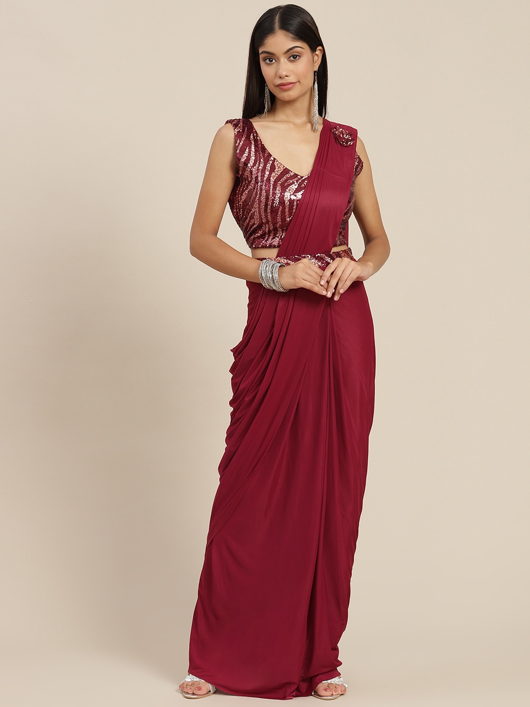 Mitera Maroon Ready to Wear Leheriya Saree