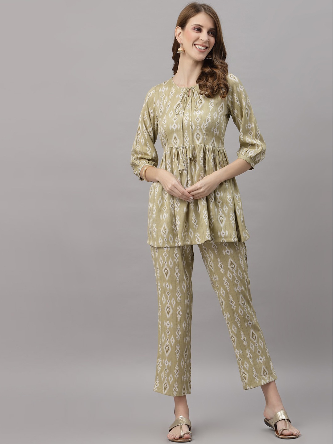 Ragavi Women Olive Green Printed Pure Cotton Peplum Co-Ord Set
