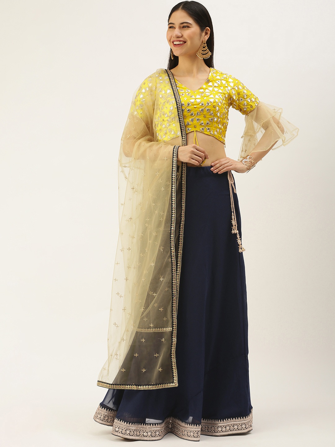 Ethnovog Yellow Navy Blue Embroidered Sequinned Ready to Wear Lehenga Blouse With Dupatta
Ethnovog Yellow Navy Blue Embroidered Sequinned Ready to Wear Lehenga Blouse With Dupatta