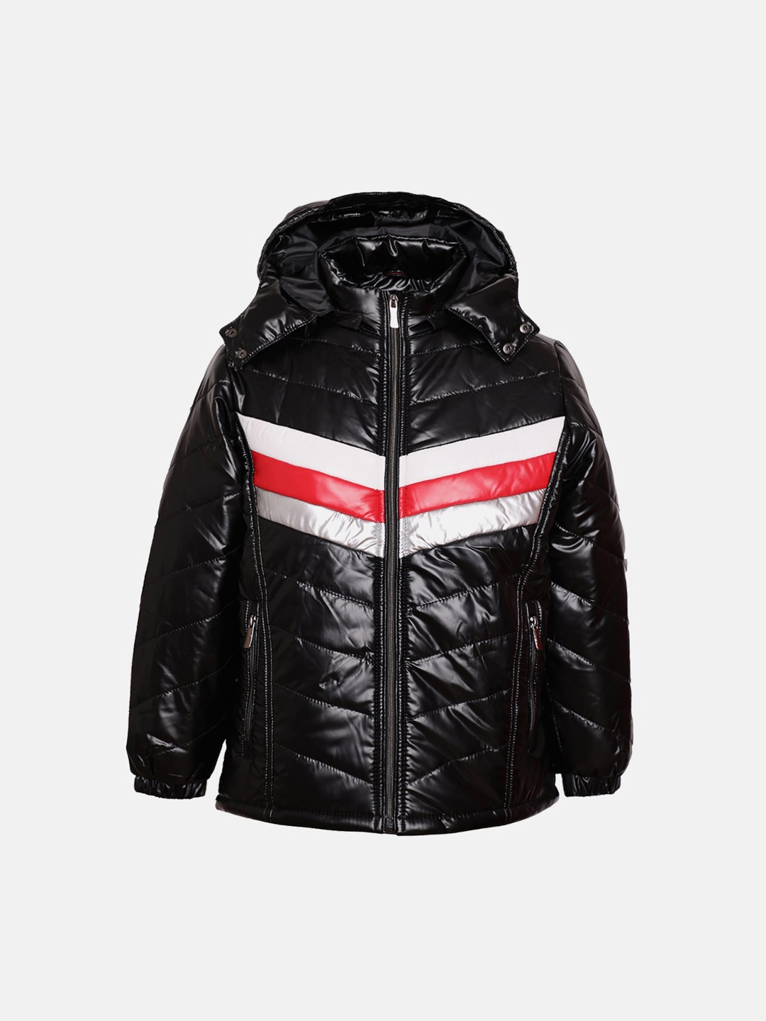 LURE JUNIOR Boys Black Striped Colorblocked Hooded Puffer Jacket