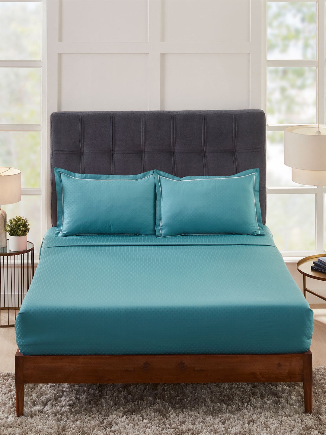 MYTRIDENT Teal Geometric 300 TC King Cotton Bedsheet with 2 Pillow Covers