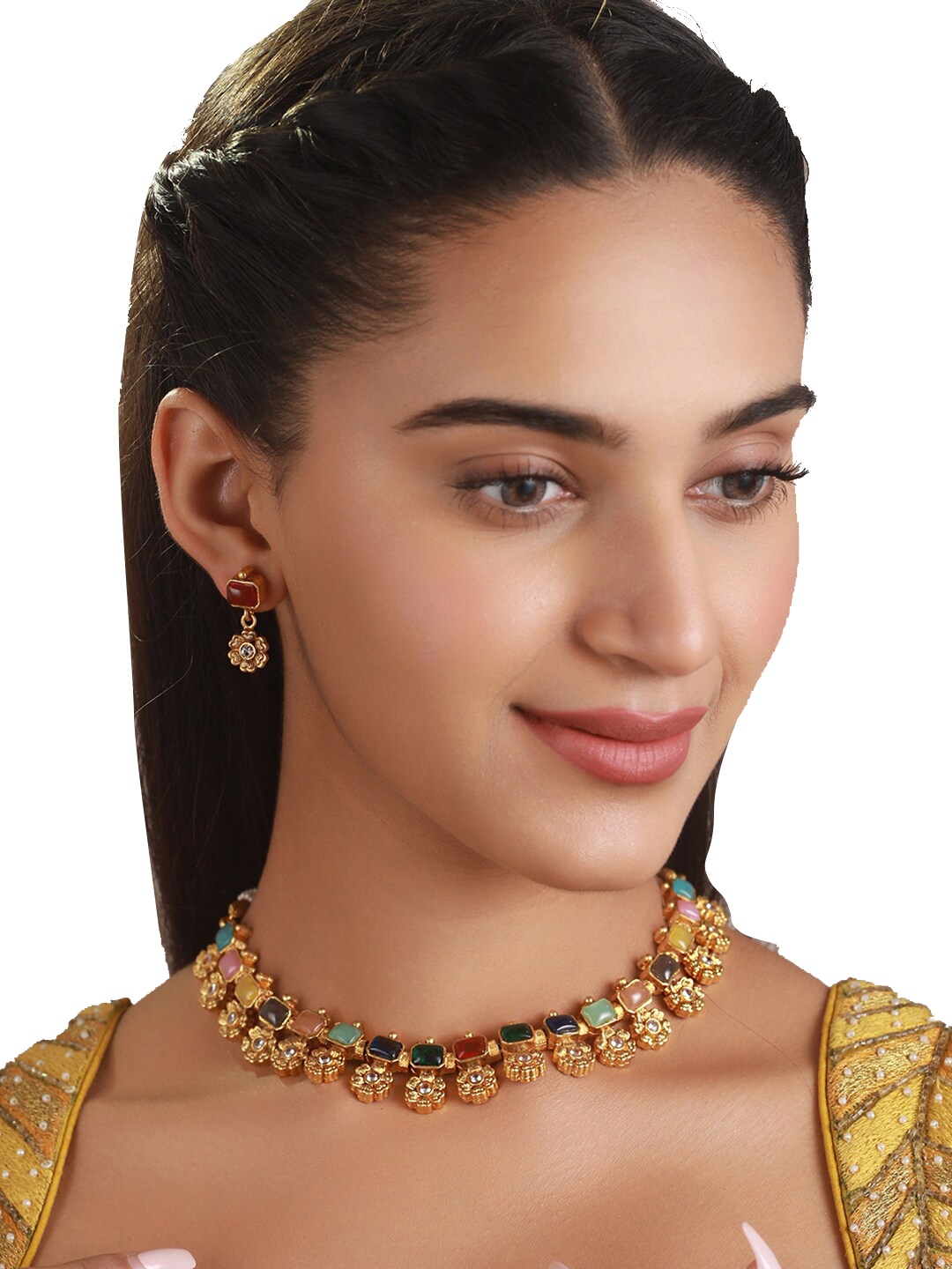 Priyaasi Gold-Plated Red Floral Stone-Studded Jewellery Set