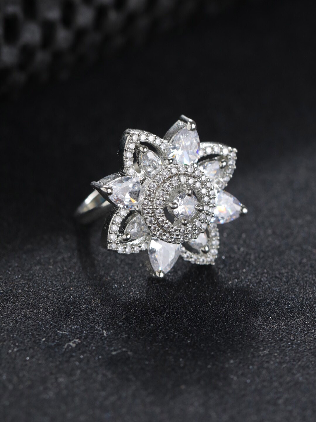 Priyaasi Silver-Plated White AD Studded Finger Ring
