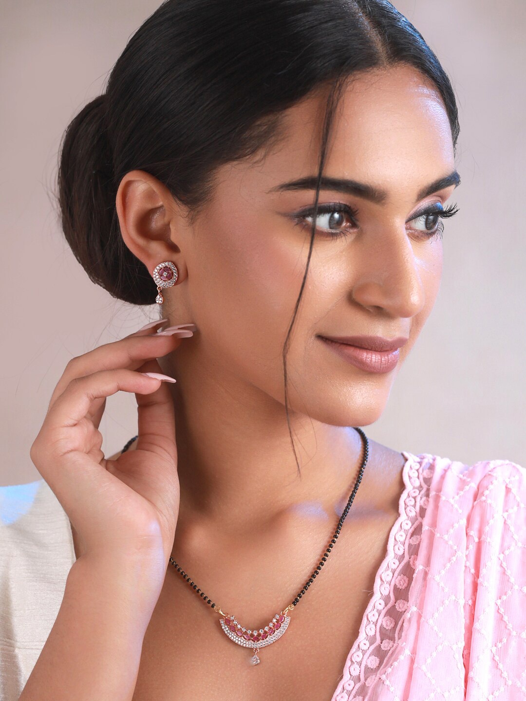 Priyaasi Rose Gold-Plated & White Stone Studded Mangalsutra Set