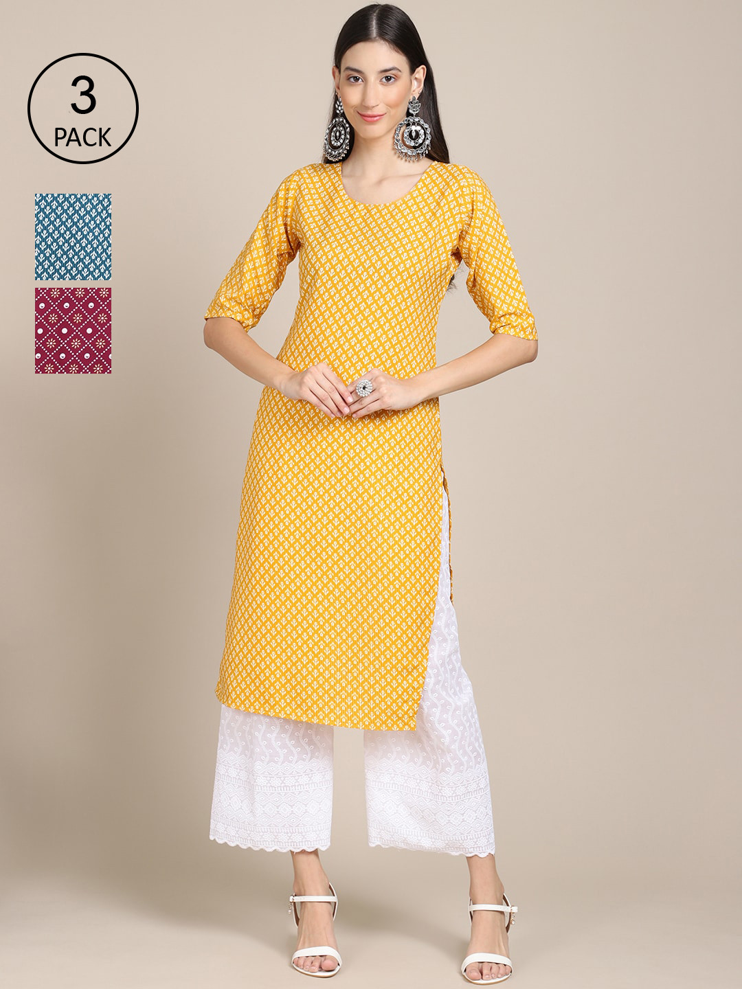 Ethnic basket Women Pack Of 3 Printed Block Print Crepe Straight Kurta, Yellow
Ethnic basket Women Pack Of 3 Printed Block Print Crepe Straight Kurta, Yellow