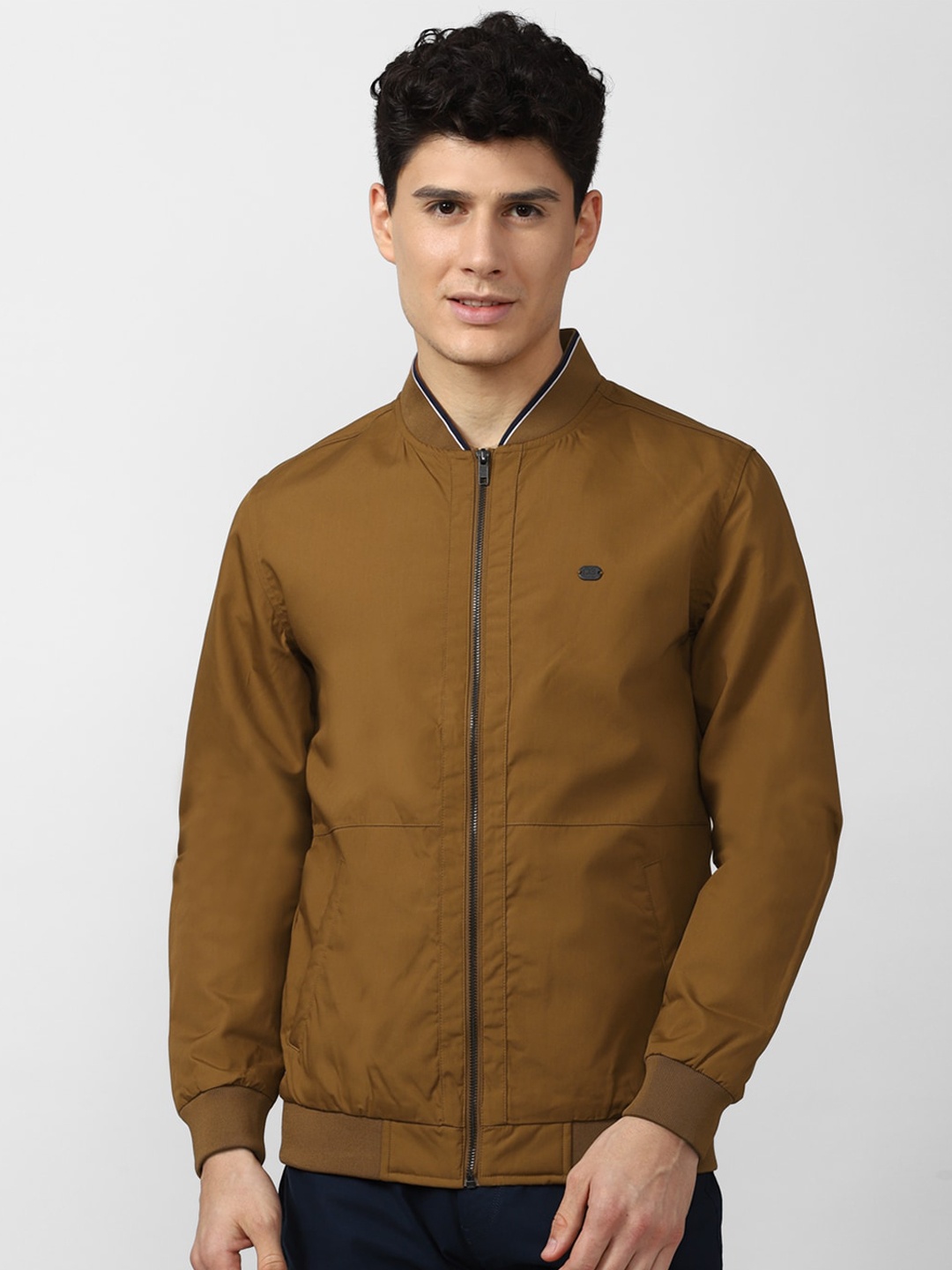 Peter England Casuals Men Brown Solid Polyester Long Sleeves Bomber Jacket