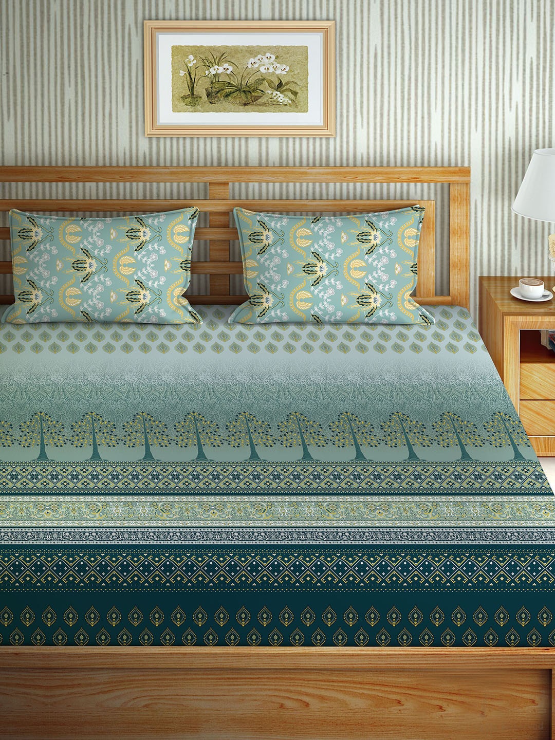 BELLA CASA Teal & Yellow Floral 180 TC King Bedsheet with 2 Pillow Covers Oscar Collection