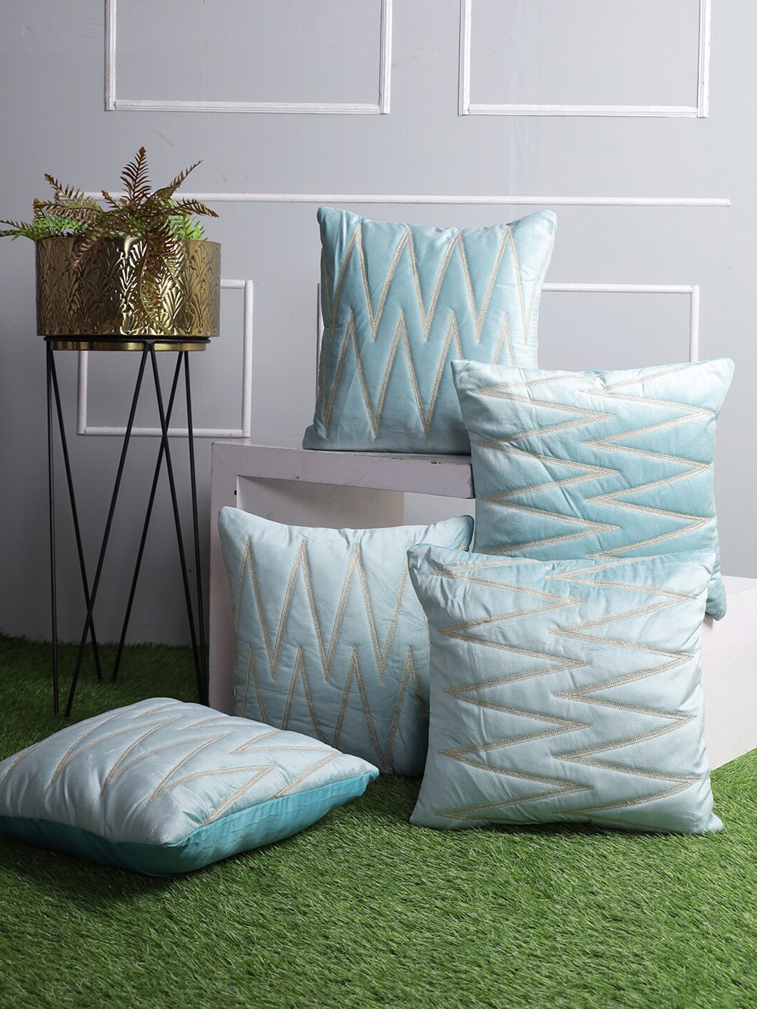 ROMEE Set of 5 Geometric Velvet Square Cushion Covers, Blue