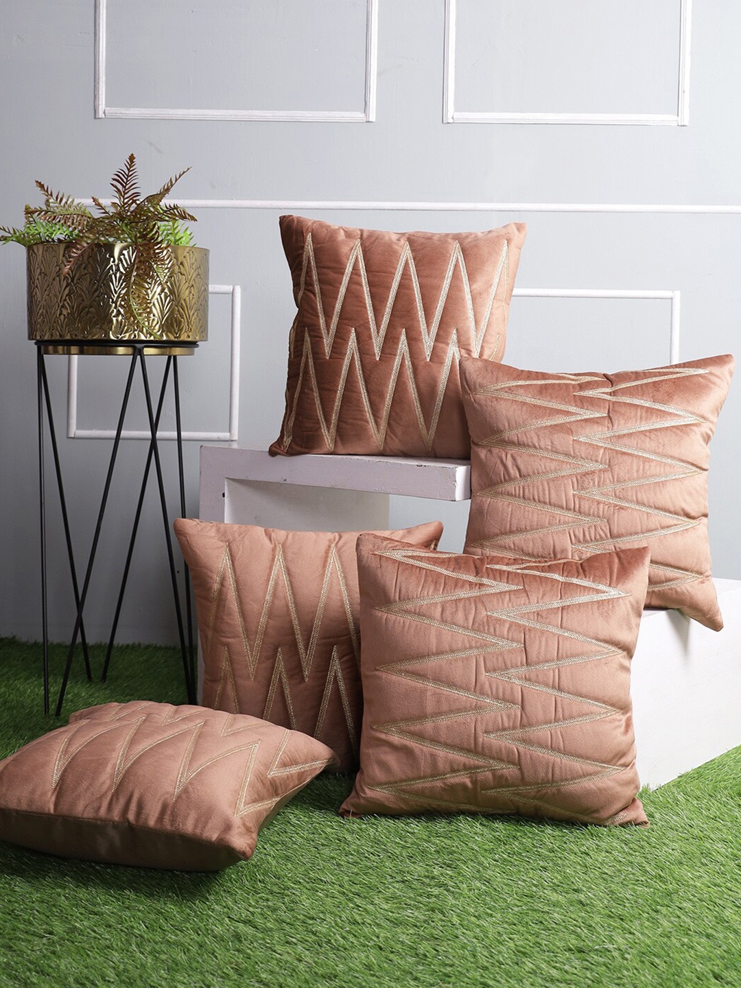 ROMEE Set of 5 Geometric Velvet Square Cushion Covers, Brown