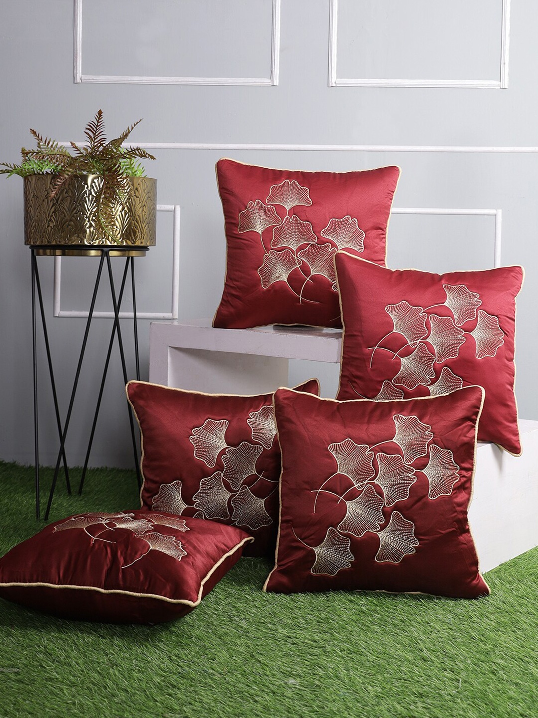 ROMEE Set of 5 Floral Square Cushion Covers, Maroon