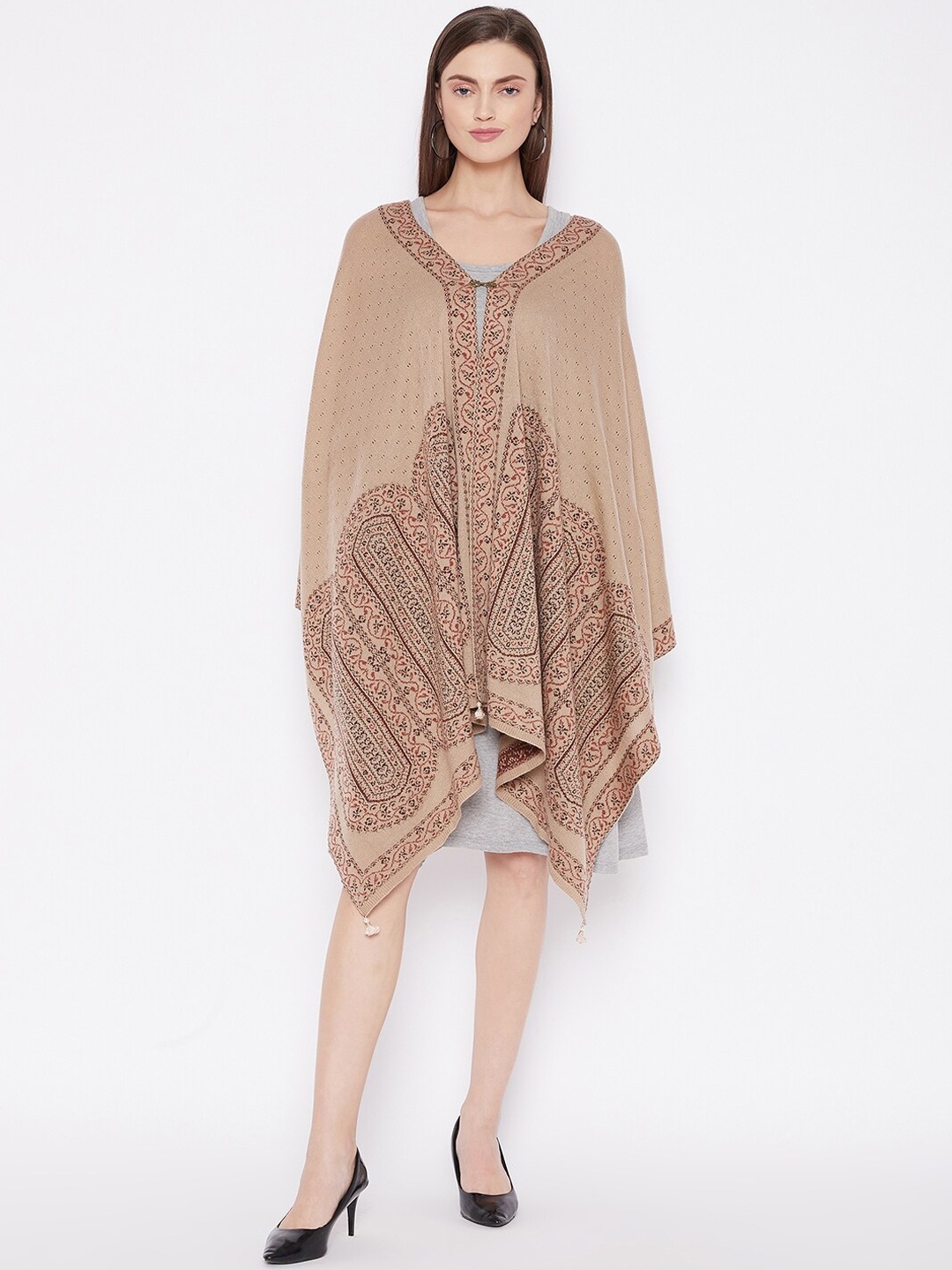 Knitstudio Women Beige Woven Design Knitted Shawl