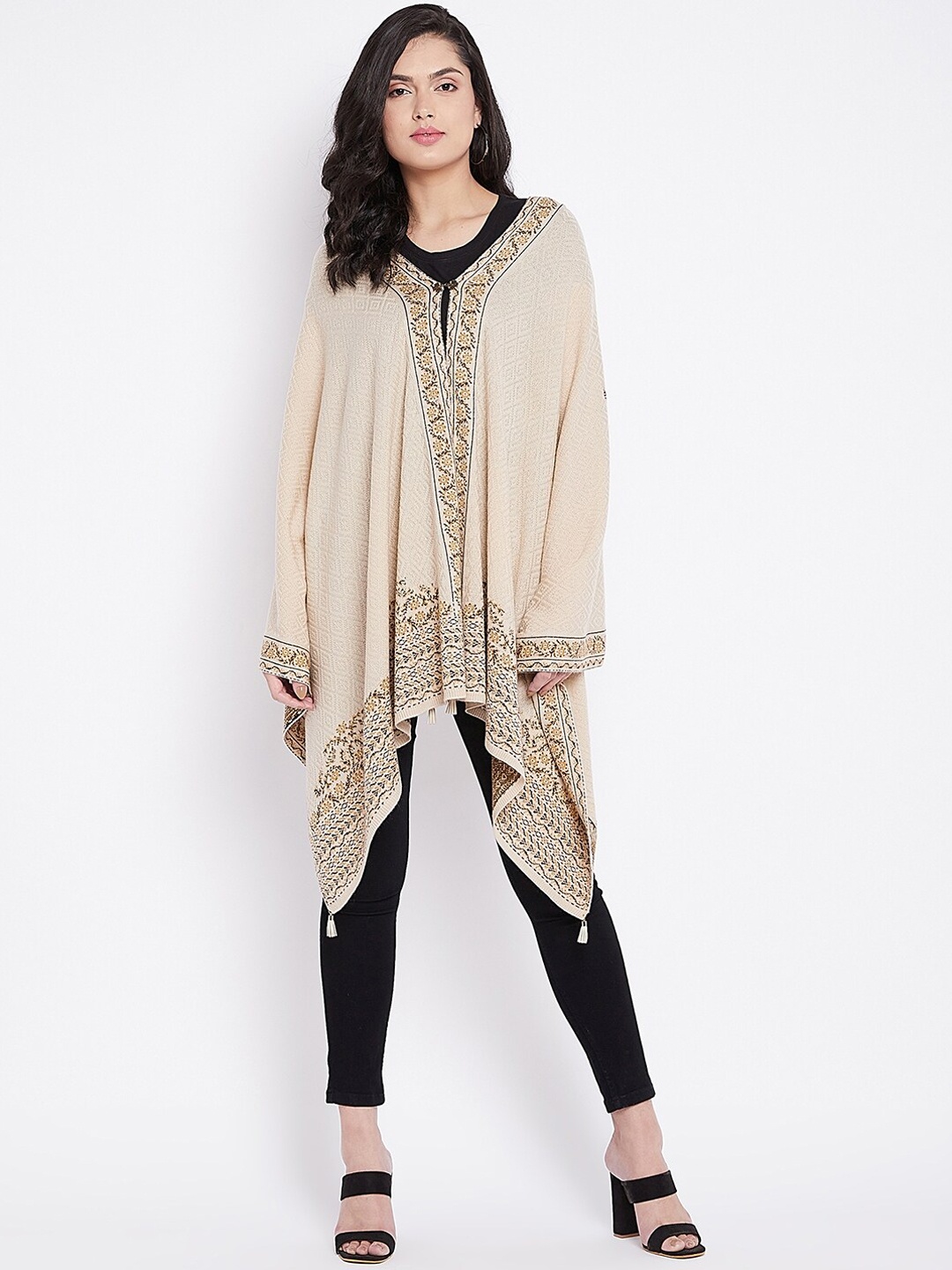 Knitstudio Women Beige Solid Woven-Design Shawl
