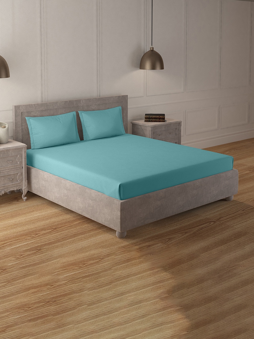 Duroflex Blue 200 TC King Cotton Bedsheet with 2 Pillow Covers