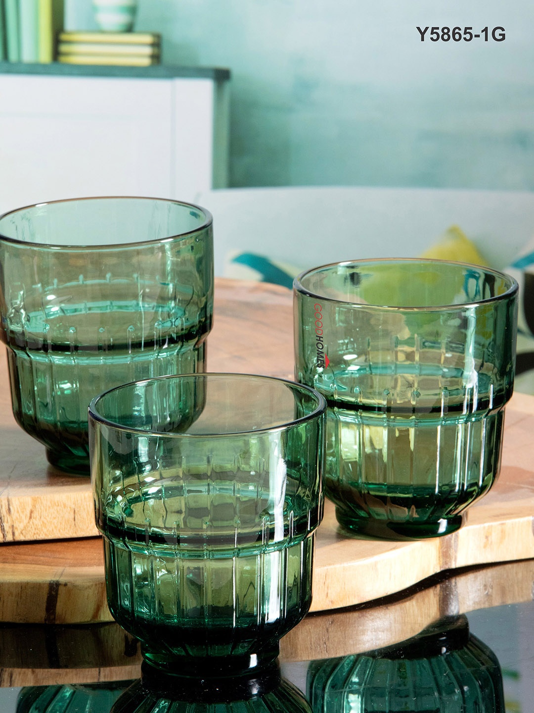 GOODHOMES Green Set Of 6 Textured Glass Tumbler Set