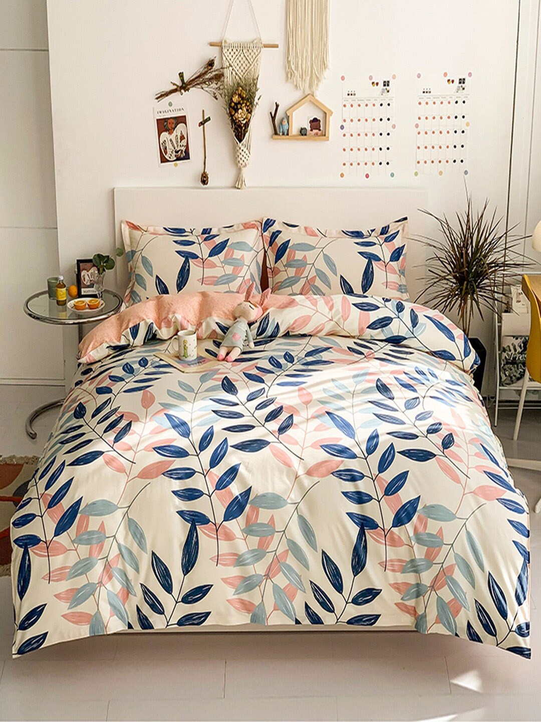 JC Collection Cream & Orange Printed Pure Cotton Double King Bedding Set