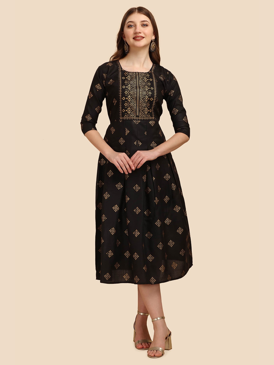 Paralians Black Ethnic Motifs Ethnic Cotton Empire Midi Dress