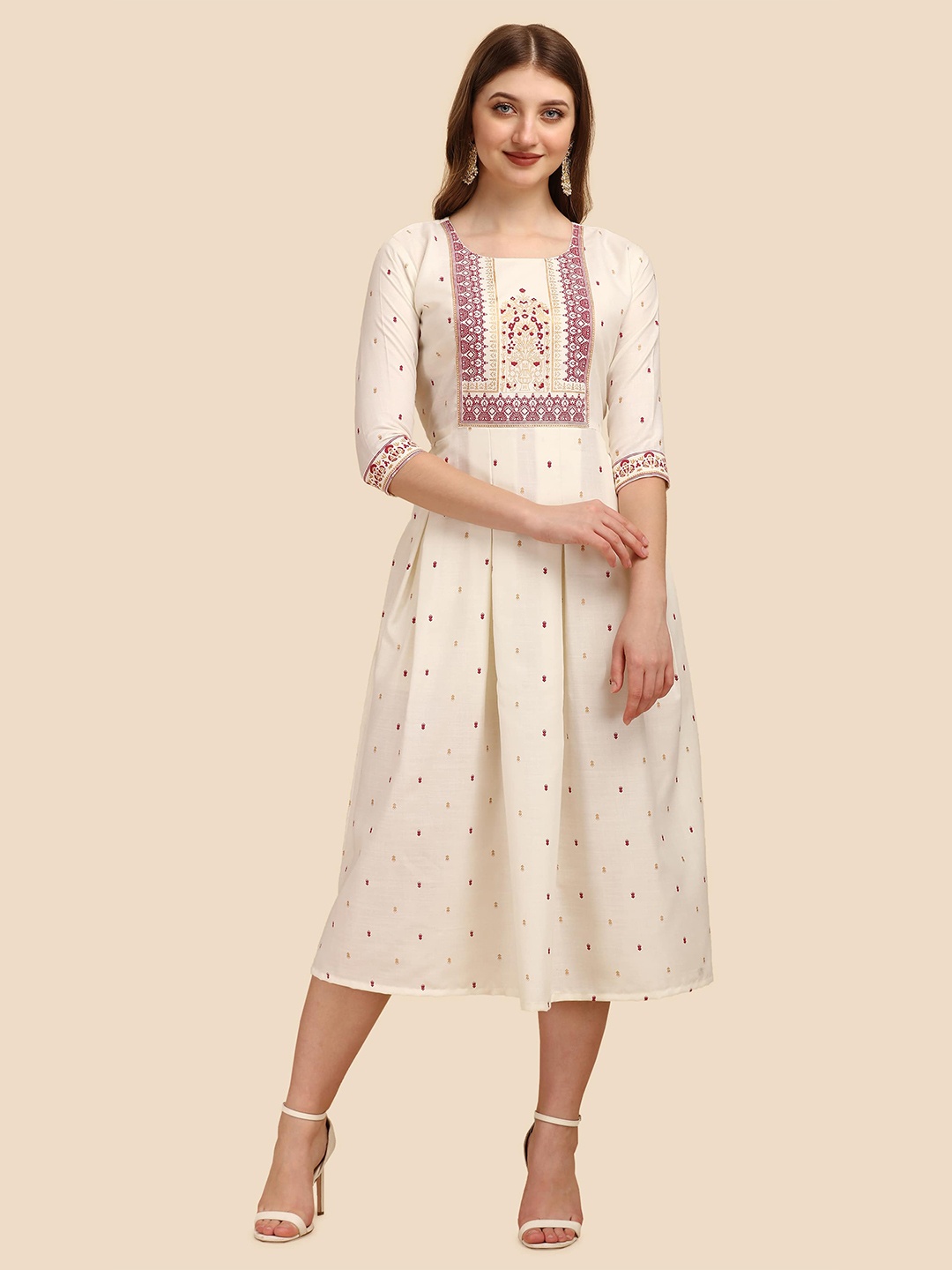 Paralians White Ethnic Motifs Ethnic Empire Cotton Midi Dress