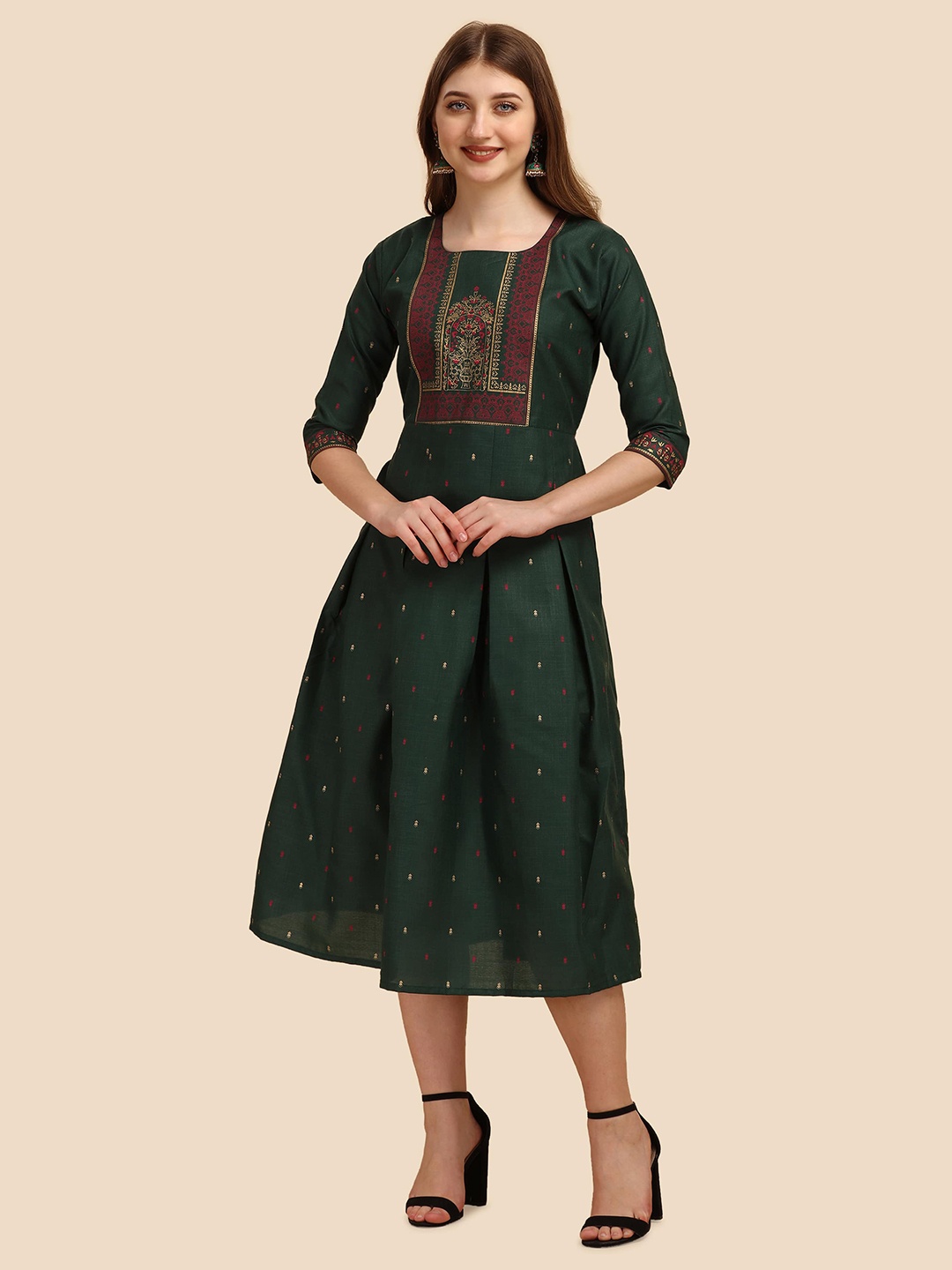 Paralians Green Ethnic Motifs Ethnic Cotton Empire Midi Dress