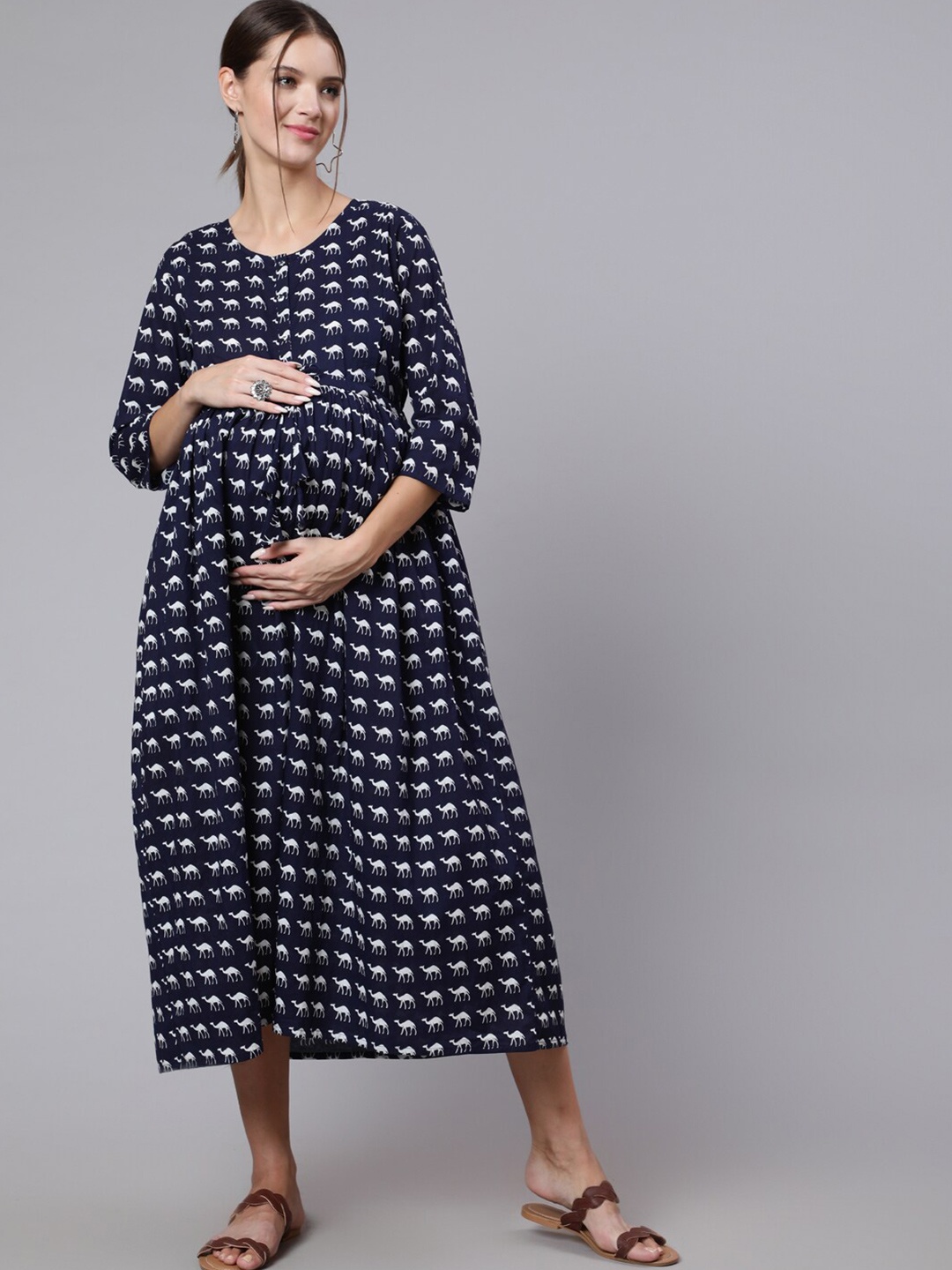 Nayo Navy Blue & White Printed Maternity Midi Cotton Dress