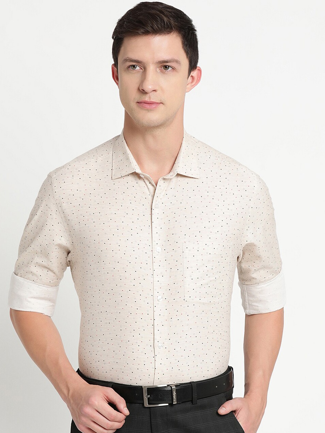 Turtle Men Beige Printed Cotton Casual Shirt