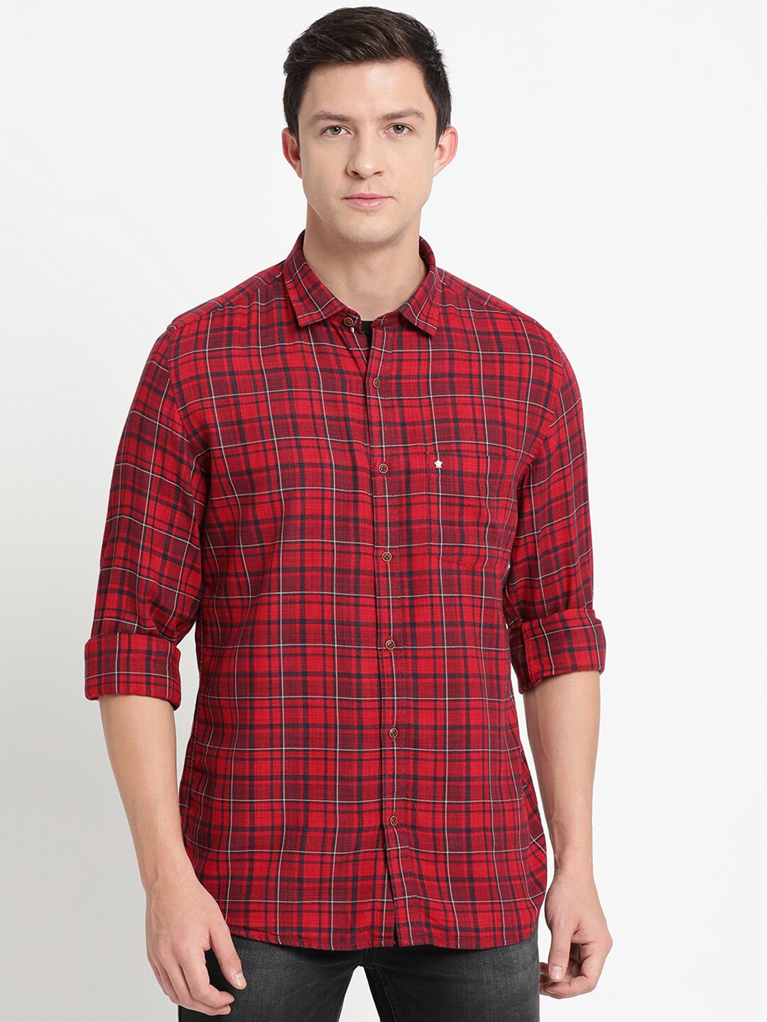 Turtle Men Maroon Slim Fit Tartan Checked Casual Shirt